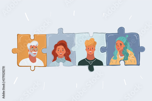 Vector illustration of Group of business people assembling jigsaw puzzle and represent team work support and help concept.