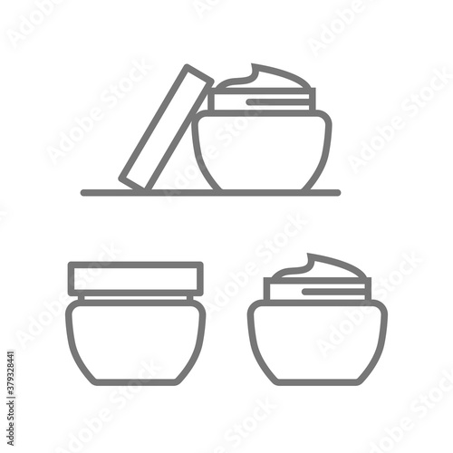 Jar of cream. Skin care flat line icons set