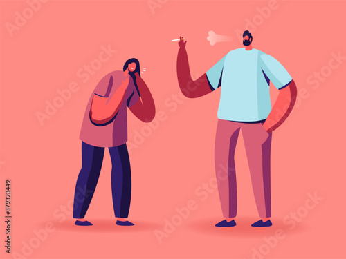 Woman Coughing Suffering of Smoke Stand near Man Smoker with Cigarette. Character Passive Second Hand Harm Smoking