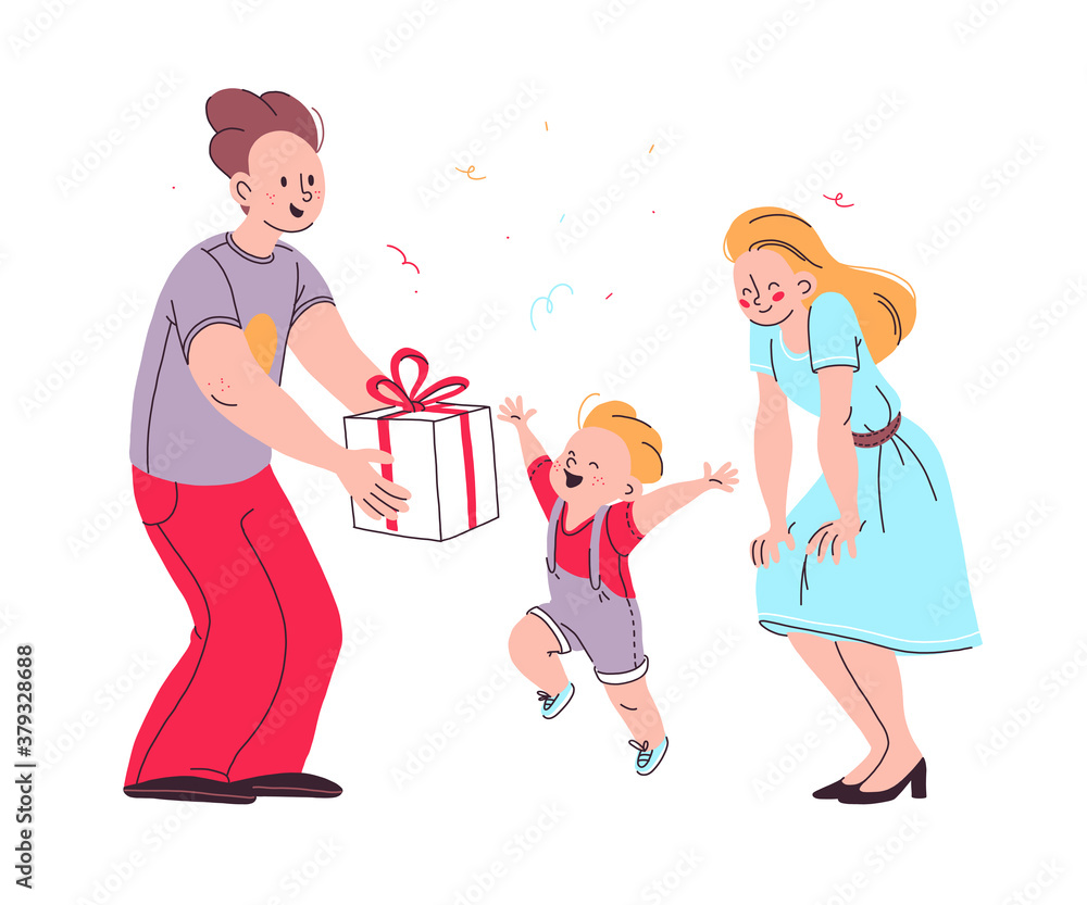 Young happy family characters with gift box. Parents giving present to their little son, celebrating isolated. Hand drawn doodle cartoon style. Vector flat illustration. Young happy family characters with gift box. Parents giving present to their little son, celebrating isolated. Hand drawn doodle cartoon style. Vector flat illustration.