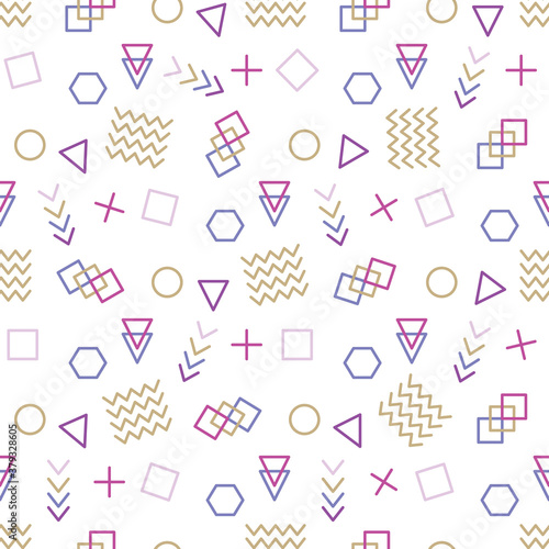 Memphis style with geometric pattern, vector illustration with geometric figures. Trendy seamless pattern.