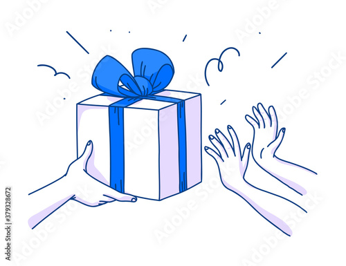 Human hands giving gift box to another pair. Happy presents giving. Holiday congratulation. Hand drawn doodle style, line art. Vector flat illustration.