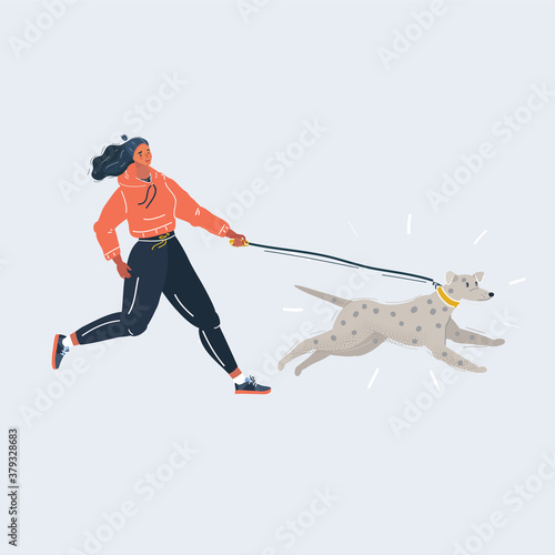 Vector illustration of Woman running with dog on white background.