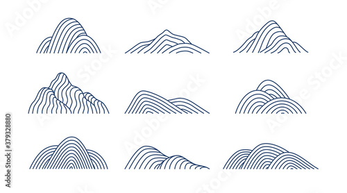 Collection of mountain shapes icons isolated on white background. Line art design. Vector flat illustration.  © artflare