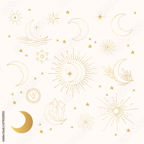 Hand drawn golden space doodle. Stars, half moon, starburst. Gold celestial design set.