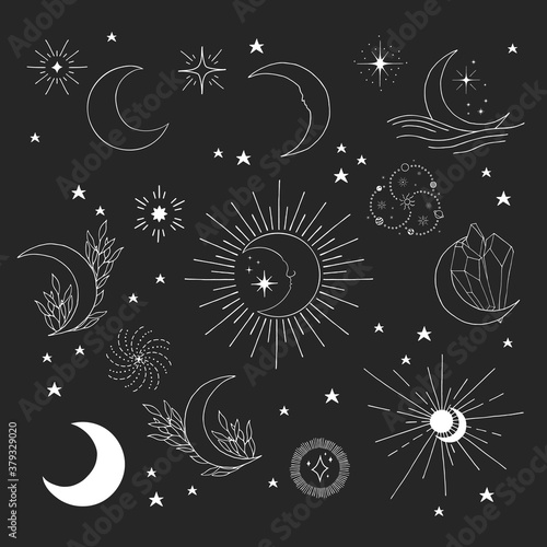 Hand drawn space doodle. Stars, half moon, starburst. Celestial design set.