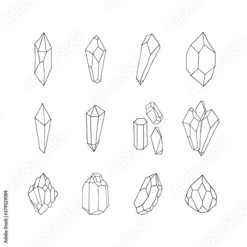 Hand drawn collection of golden crystals, gems, gemstones and diamonds. Vector isolated illustration. Celestial boho elements.