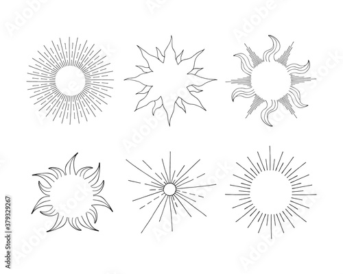 Set of celestial sunbursts. Vector isolated illustration in boho style with solar bursts.