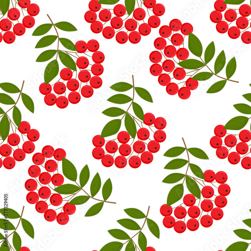 Seamless colorful autumn pattern with rowan berries and green leaves. Floral rowan illustration for print.