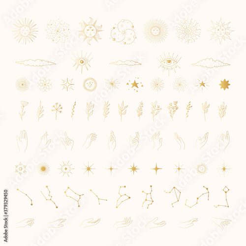 Big golden set of hand drawn space and boho elements. Stars, clouds, esoteric icons, hands, celestial sun with face, galaxy, starburst, constellations, branches. Gold Scandinavian design. photo