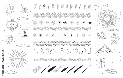 Hand drawn boho and celestial suns, stars, constellations, comets and floral borders. Spiritual tattoo. Magic esoteric pattern. Mystic decoration and rustic dividers.