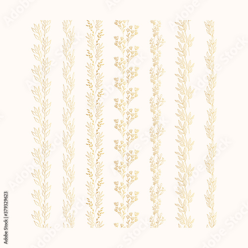 Golden borders with floral branches and herbs. Elegant gold botanical dividers for wedding invitations. Vector isolated spring flourish background for card decor.