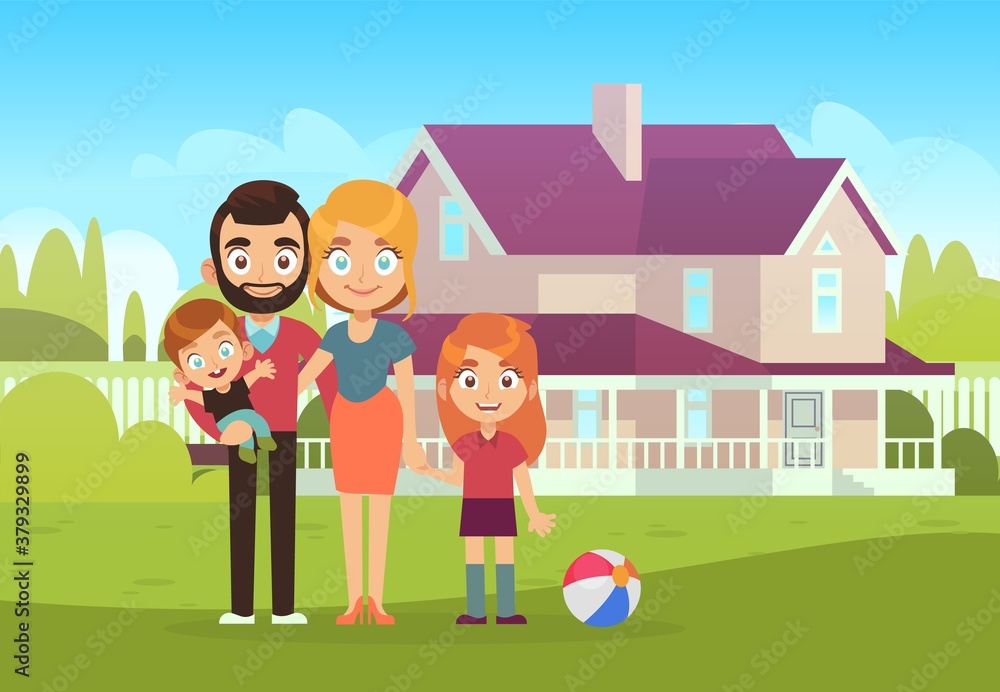 Happy family on background of house. Father, mother, son and daughter kids buying and moving to new apartment summer landscape flat vector illustration