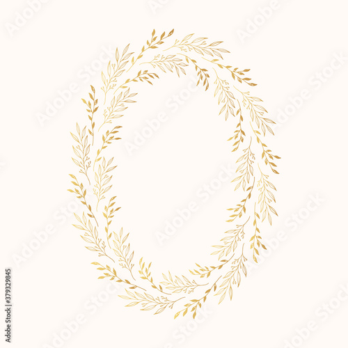 Elegant rustic invitation frame for wedding card.	 Oval foliage golden wreath with floral branches. Vector isolated spring gold flourish border. 