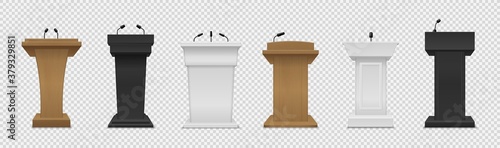 Tribune set. Realistic different color podium with microphones front view, pedestal for lecture, award ceremony, interview and political debate, 3d empty platform vector isolated set