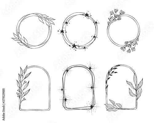 Set of vector decoration flourish and star frames. Floral spring herb borders. Rustic branch decor for wedding card.