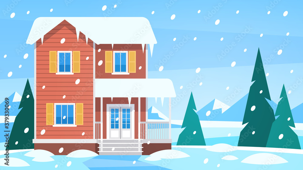 House in winter. Cottage in snowy landscape and snow forest with trees and hills, front view building with terrace christmas vacation vector background