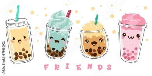 Bubble tea. Milk tea with tapioca, modern taiwanese pearl liquid dessert with balls, soft boba drinks plastic cup with emotions smile characters, green and fruit tea cartoon vector set