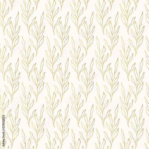 Golden Rustic texture for wedding cards and invitations. Seamless pattern with gold floral branches. Vector isolated spring flourish background for textile. 