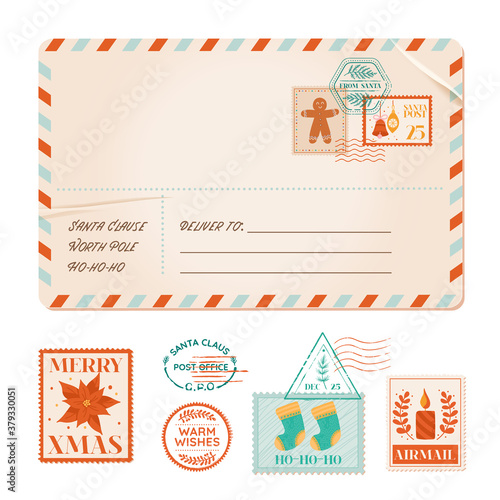 Vector Christmas invitation old postal card, winter vintage postcard, xmas party stamps, rubber stamps, holiday greeting