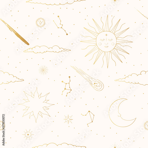 Hand drawn golden seamless pattern with space elements. Texture with celestial sun, falling star, clouds, comet, constellations, starburst, arrows. Gold background in boho style for kids.