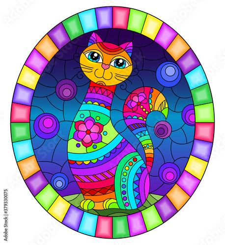 Illustration in stained glass style with abstract cute rainbow cat on a blue background, oval image in bright frame