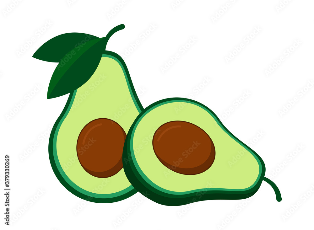 Avocado with green leaf and slice. Vector isolated illustration on white background Avocado with green leaf and slice. Vector isolated illustration on white background