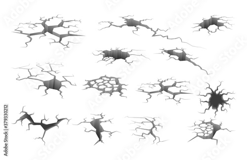 Earthquake ground crack. Hole in floor with cracking and earth destruction cracks, ruined wall with fracture structure, damage breaks texture effect vector set on white background