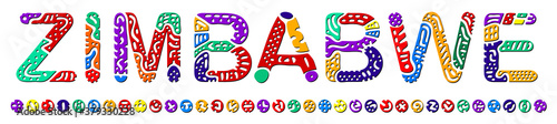 Zimbabwe. Multicolored bright isolate inscription. Colored curves decorative doodle letters, line. Zimbabwe for print, clothing, t-shirt, souvenir, booklet, banner, flyer, ads. Stock vector picture.
