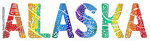 Alaska. Doodle isolate contrast inscription. Rainbow colors. Patterned curves crooked letters. US state Alaska for print, clothing, t-shirt, souvenir, banner, flyer, advertising. Stock vector picture.