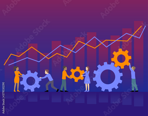 Peoples working team (group of men and women) with gears and infographic decorations - vector concept  collective work, process, perfomance and good results