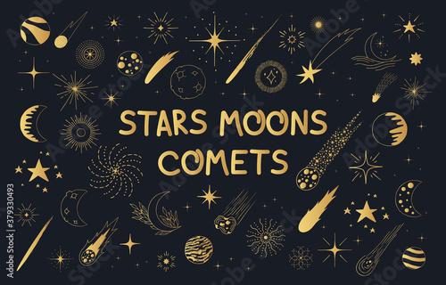 Golden pattern with stars, comets, planets, galaxy, sun and moon. Kids doodle gold space elements.