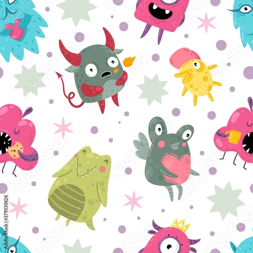Monsters seamless pattern. Funny incredible creatures with smiles goofy faces characters, color kids creative design textile, wrapping paper, wallpaper vector texture on white background
