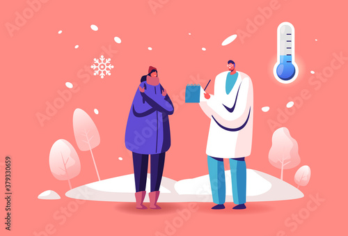 Doctor Character Writing Recipe to Sick Woman Patient with Cold Allergy or Flu Symptoms Giving Medicine for Treatment