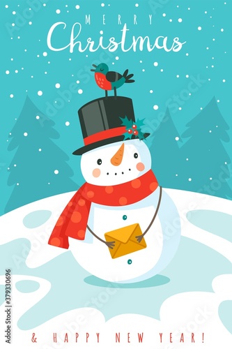 Snowman. Happy new year and merry christmas greeting card with cheerful snowman in scarf and snowflakes, festive winter cartoon xmas cute character vector december holiday background © YummyBuum