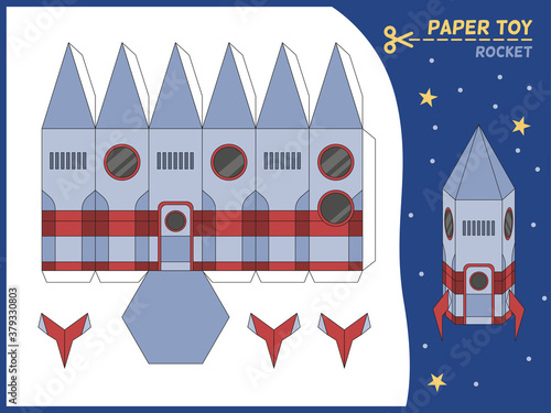 Rocket paper cut toy. Missile 3d paper model, create toys spaceship kids educational game. Preschool children gaming puzzle worksheet, craft page cartoon vector illustration