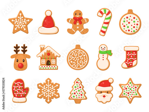 Gingerbread. Christmas gingerbreads santa and cane, xmas tree, ginger cake man, snowflake, snowman and sock, home and star homemade sweet glaze cookie winter food vector isolated set