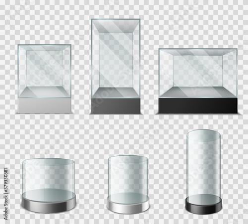 Glass showcase. Transparent plastic cube with glossy glare reflections, empty cylinder for presentation product museum and exhibition cases 3d vector set on transparent background
