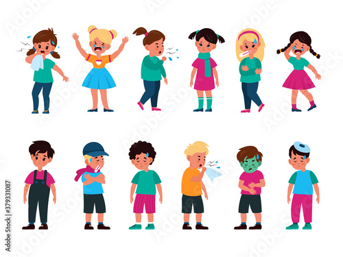Sick kids set. Girls and boys with different disease, flu, cold and cough, rash and vomit, poisoning and chickenpox, unhealthy children crying cartoon vector isolated character collection