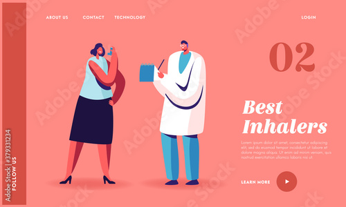 Asthma Disease, Respiratory Medicine, Pulmonology Landing Page Template. Doctor Character Writing Patient Diagnosis