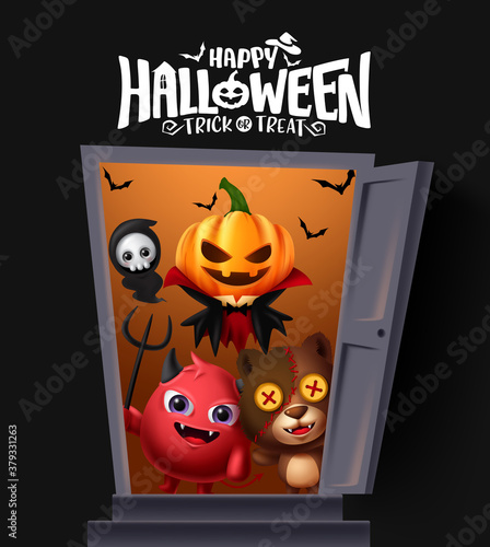 Happy halloween vector banner design. Happy halloween trick or treat with pumpkin, demon and bear characters in open door for halloween party. Vector illustration 