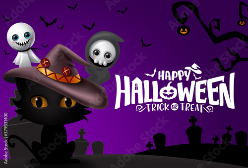 Halloween background vector banner design. Happy halloween greeting text with cat silhouette, ghost and grim reaper characters in scary cemetery for trick or treat design. Vector illustration