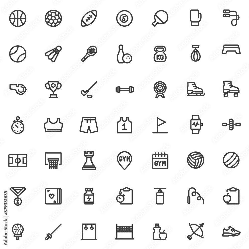 Sports equipment line icons set. linear style symbols collection, outline signs pack. vector graphics. Set includes icons as basketball, soccer ball, tennis, clothes, exercise plan, healthy food Sports equipment line icons set. linear style symbols collection, outline signs pack. vector graphics. Set includes icons as basketball, soccer ball, tennis, clothes, exercise plan, healthy food