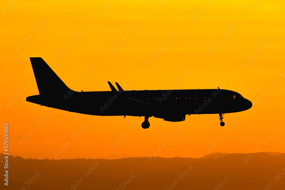 Airplane landing at sunset Airplane landing at sunset