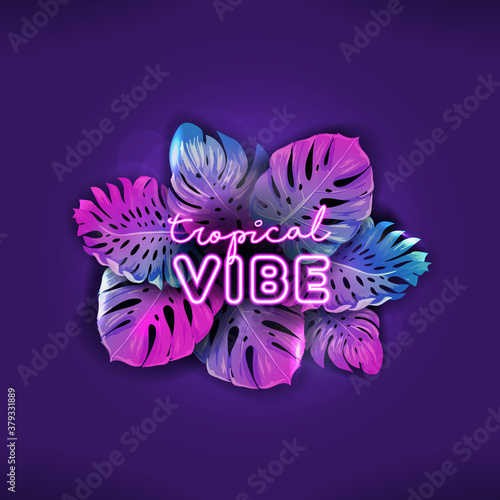 Tropic summer neon vector banner, disco beach holidays poster, monstera palm leaves design