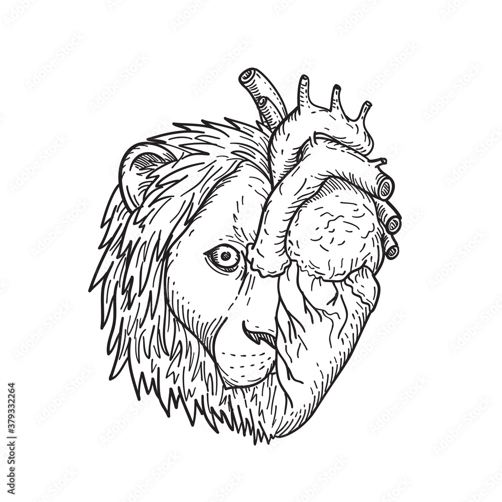 LionHearted Head of Half Lion and Half Human Heart Black and White
