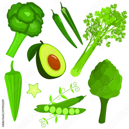 green vegetables for proper nutrition and health on a white background, set