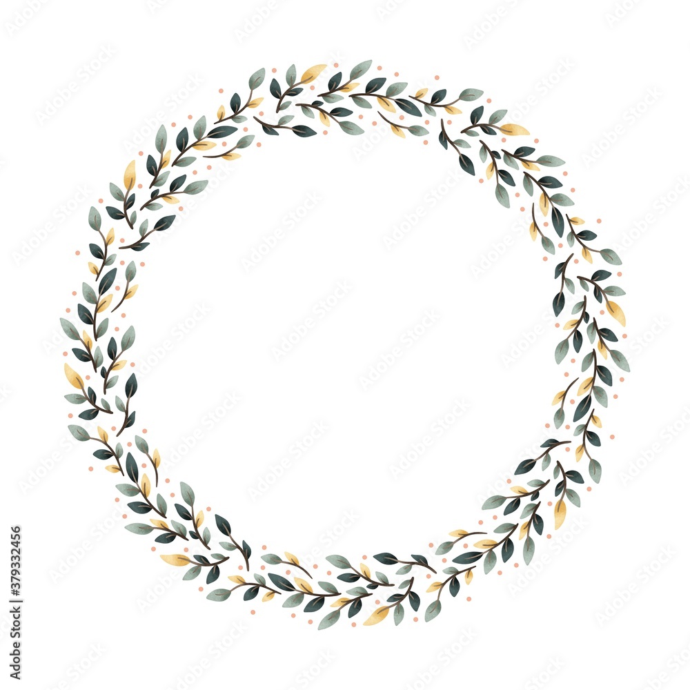 Obraz premium Watercolor digital illustration. Botanical wreath of green branches and leaves with flowers and polka dots. Floral Design elements.