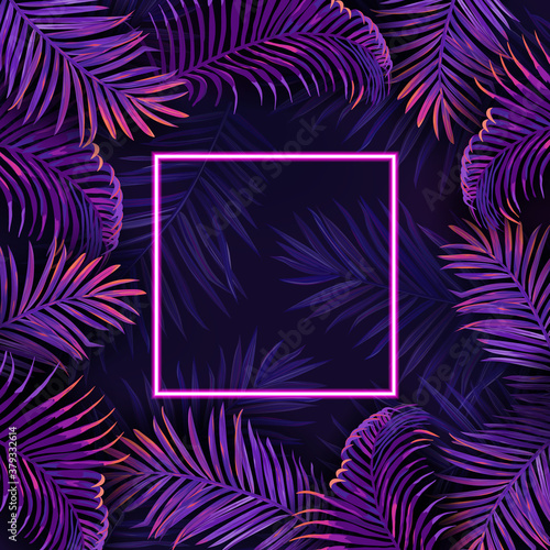 Palm neon leaves poster, vector tropic vibrant purple design illustration, jungle summer disco party frame