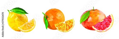Fototapeta Naklejka Na Ścianę i Meble -  Polygonal citrus fruit set. Lemon,Orange, Grapefruit fruit with a leaf and slice of polygons. Low poly. For packaging, labels, logo, showcase, banner. Vector illustration isolated.